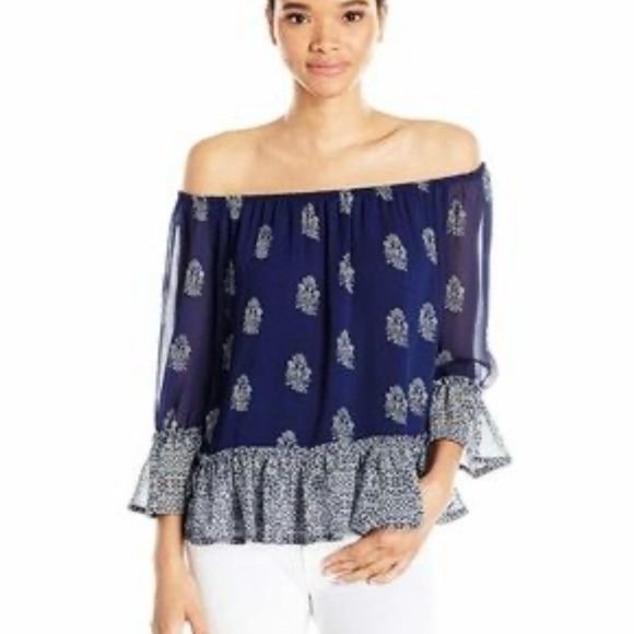 Lucky Brand Tops - Lucky Brand Blue Ruffled 3/4 Sleeve Off Shoulder Blouse